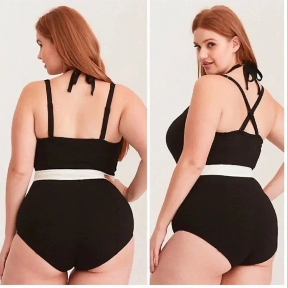 Torrid Swim Suit One Piece Textured High Neck Convertible Straps Black Large